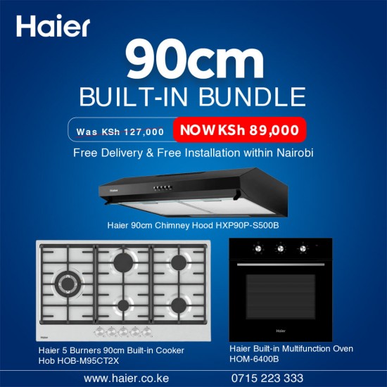 Haier 90cm built-in bundle — chimney hood, 5-burner gas hob, and multifunction oven
