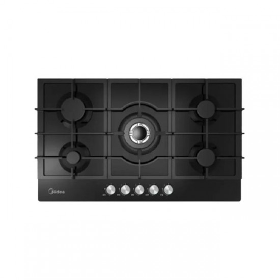 Midea 90CM, Gas Hob, Black Glass Panel, Triple Ring Burner, Cast Iron Pan Support, Plastic Knob