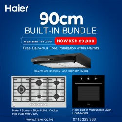 Haier 90cm built-in bundle — chimney hood, 5-burner gas hob, and multifunction oven